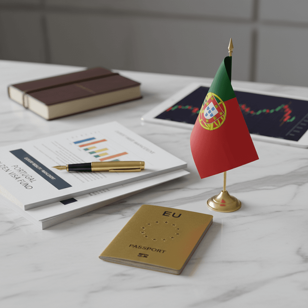 Portugal Golden Visa investment documents with EU passport and Portuguese flag on marble desk