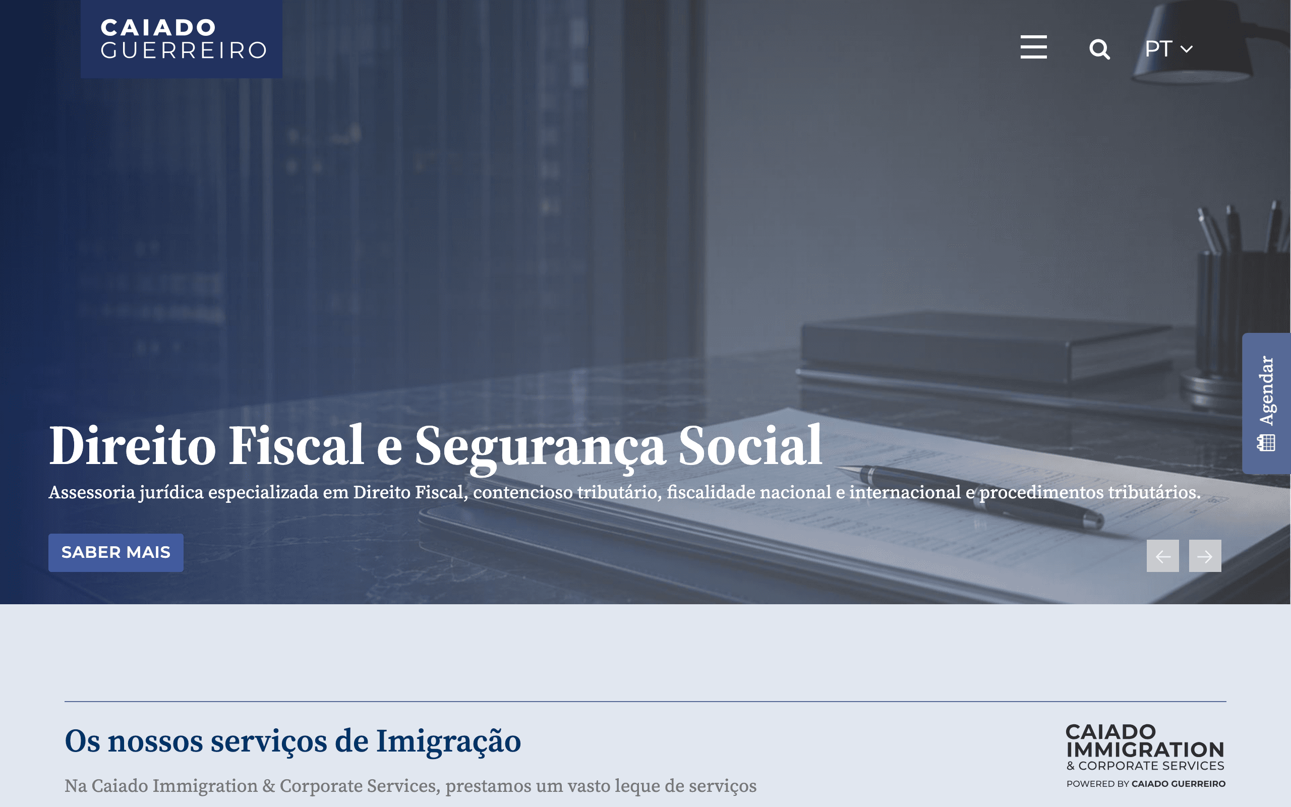 Caiado Guerreiro homepage showing its Portuguese corporate and immigration law practice areas