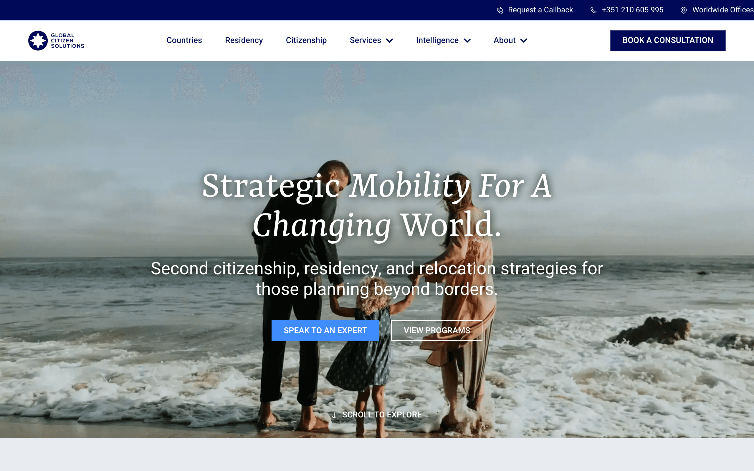 Global Citizen Solutions homepage showing multi-country residency and citizenship by investment programmes