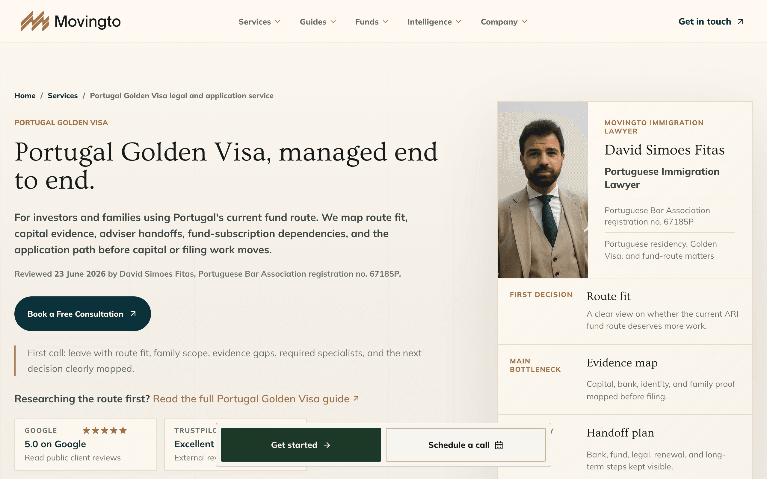 Movingto Portugal Golden Visa service page showing fixed pricing and the managed application process