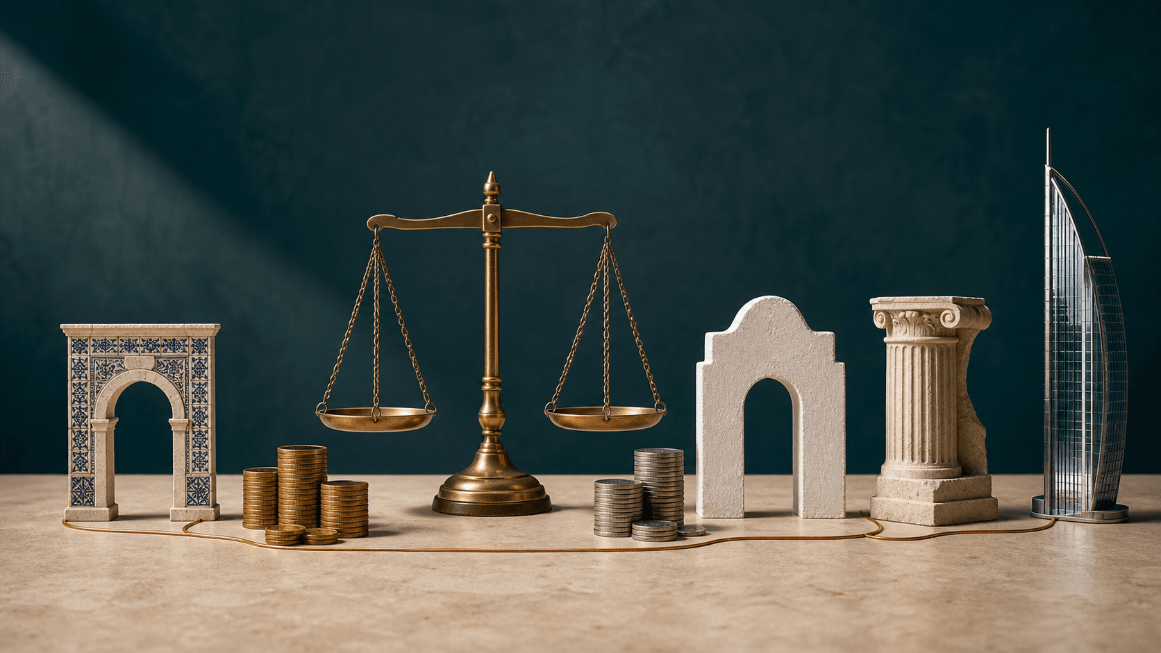 A brass balance scale and architectural forms representing Portugal, Greece, Italy and the UAE illustrate how currency movements affect investor-residency budgets.